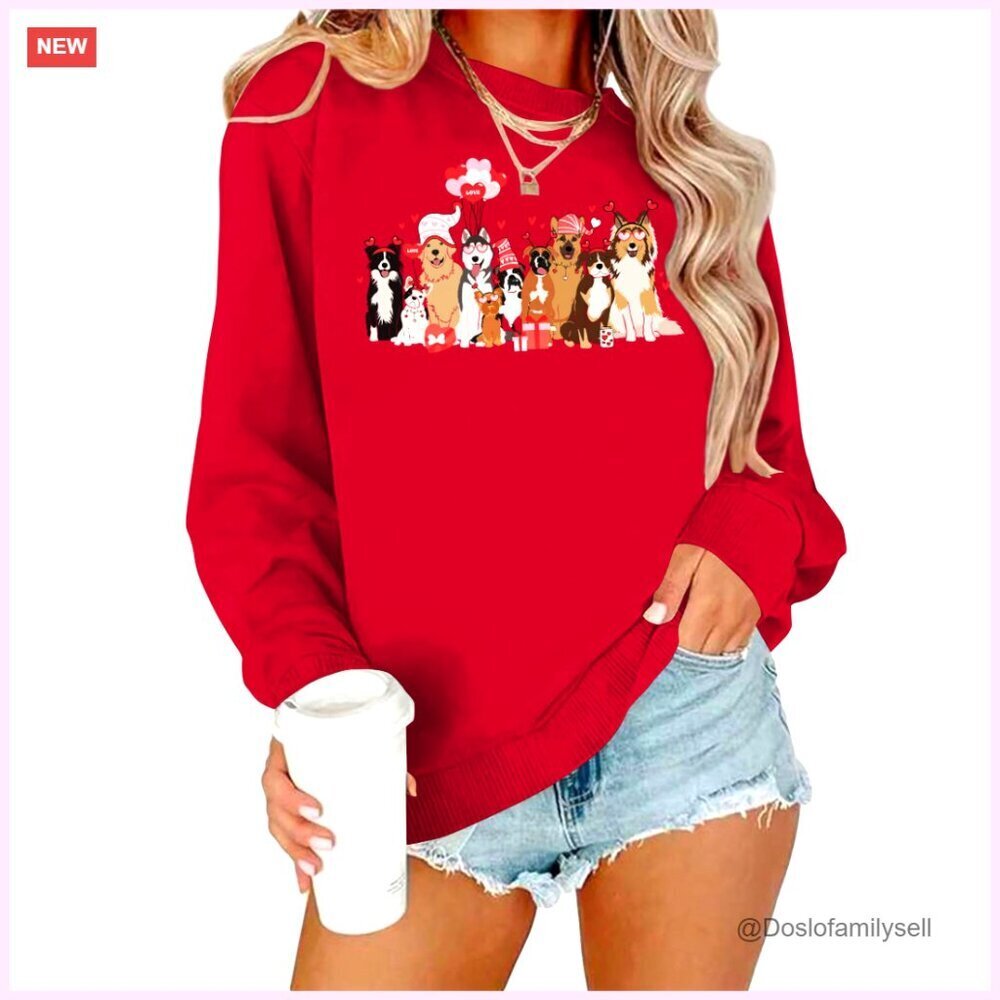 Cute Dog Print Sweatshirt Long Sleeve Pullover Casual Loose Fit Valentine
